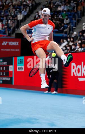 Tokyo, Japan. 8th Oct, 2022. DENIS SHAPOVALOV (CAN) hits a return against T. FRITZ (USA) during their Semifinal match at the Rakuten Japan Open Tennis Championships 2022 at Ariake Coliseum. The tournament is held from October 1 to 9. (Credit Image: © Rodrigo Reyes Marin/ZUMA Press Wire) Stock Photo