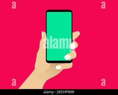Female hand shows smartphone with blank green display. Woman hold cell phone in arm. Presentation template for mobile application or service. Isolated Stock Vector