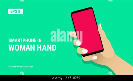 Female hand shows smartphone with blank red display. Woman hold cell phone in arm. Presentation template for mobile application or service. Touch scre Stock Vector