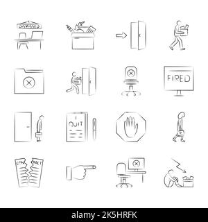 Leaving work and dismissal icon set in sketch style. Quitting job symbols. Vector illustration. Stock Vector