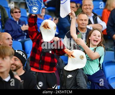 Brighton, UK. 08th Oct, 2022. Brighton fans enjoying themselves during the Premier League match between Brighton & Hove Albion and Tottenham Hotspur at The Amex on October 8th 2022 in Brighton, England. (Photo by Jeff Mood/phcimages.com) Credit: PHC Images/Alamy Live News Stock Photo