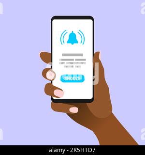 African female hand hold smartphone with alert message on screen. Afro-american woman showing cell phone with bell alarm icon on display. Touch screen Stock Vector