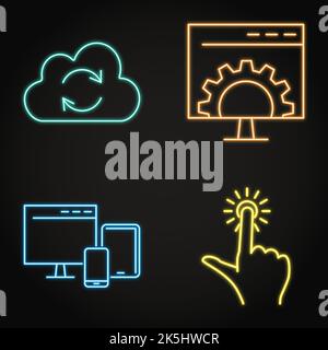 Software as a service benefits neon icon set. Cloud synchronization, multi platform, easy access symbols. Vector illustration. Stock Vector