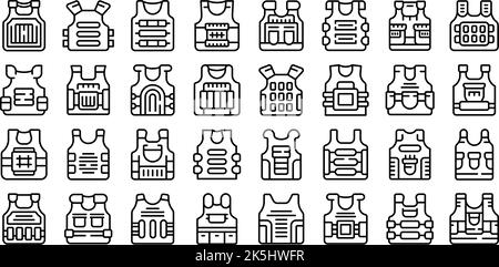 Bulletproof vest icons set outline vector. Armor body. Vest military Stock Vector