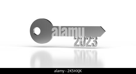 Silver metallic Key to 2023 on white background, copy space, clipping path. Simple 3D render retro door opener design. Motivational future text. Stock Photo