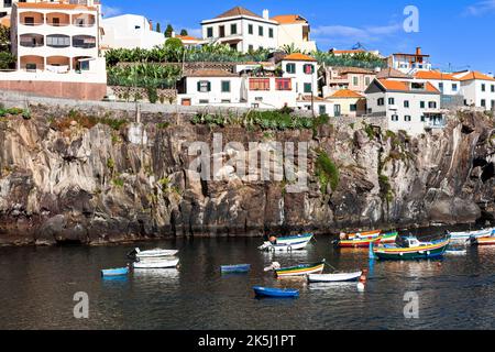 Camara de Lobos, colorful fishing boats in the harbour, old fishing village, south coast, Madeira, Portugal Stock Photo