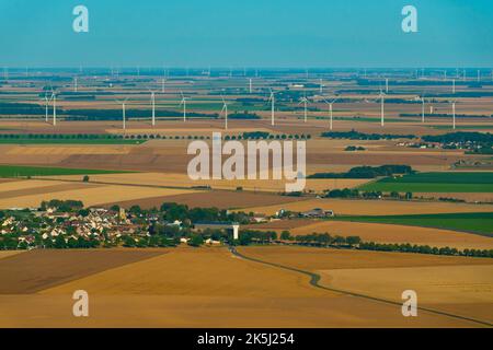 France, Essonne (91), aerial view of wind turbines in the Beauce plain west of the villages of Monnerville and Pussay Stock Photo