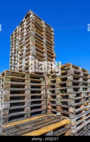 Stacked wooden pallets, Allgaeu, Bavaria, Germany Stock Photo