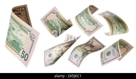 50 dollars flying on white background. USA banknotes at different angles. Front side Stock Photo