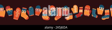 Colorful Retro Knitted Mittens and Socks Vector Seamless Horizontal Pattern Border Stock Vector