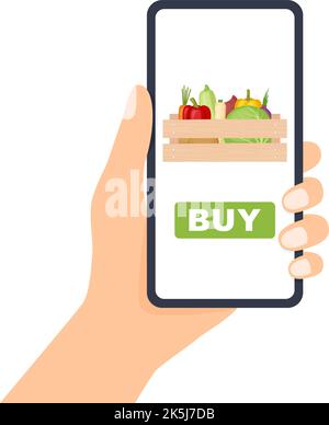 Hand holding phone. Smartphone screen with page buy box with vegetables, vector illustration Stock Vector
