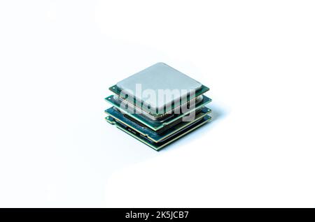 Computer processor CPU  Central processing unit microchip  isolated on white background Closeup  the bottom side, socket contact for personal computer Stock Photo