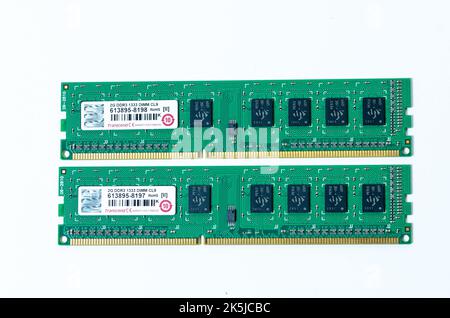 Computer memory card Close up memory socket on board computer server RAM on white background . system, main memory, random access memory, onboard, com Stock Photo
