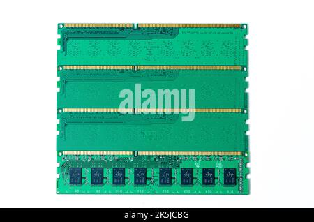Computer memory card Close up memory socket on board computer server RAM on white background . system, main memory, random access memory, onboard, com Stock Photo