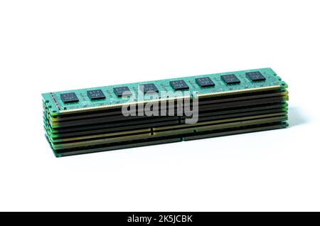 Computer memory card Close up memory socket on board computer server RAM on white background . system, main memory, random access memory, onboard, com Stock Photo