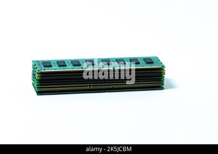 Computer memory card Close up memory socket on board computer server RAM on white background . system, main memory, random access memory, onboard, com Stock Photo