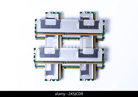 Computer memory card Close up memory socket on board computer server RAM on white background . system, main memory, random access memory, onboard, com Stock Photo