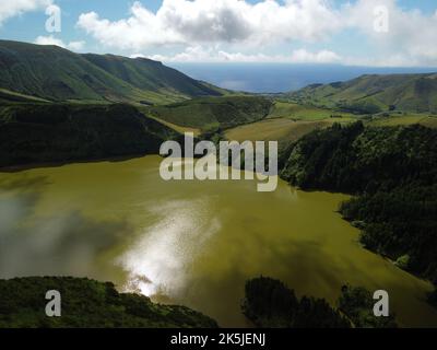 lakes, cliffs and mountain ranges of Azores Stock Photo