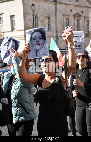 London, UK. 08th Oct, 2022. Protest in London about the death of Mahsa Amini in the hands of the Iranian morality police for incorrectly wearing her hijab. Credit: JOHNNY ARMSTEAD/Alamy Live News Stock Photo