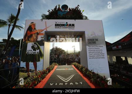 Illustration picture shows the finish line of the Hawaii Ironman men's triathlon race, Saturday 08 October 2022, in Kailua, Kona, Hawaii, USA. BELGA PHOTO DAVID PINTENS Stock Photo