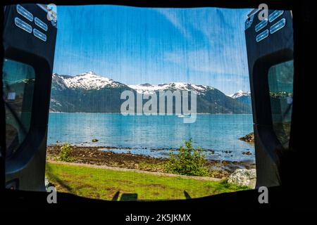 View from Airstream Interstate 24X 4WD campervan; Chilkoot Inlet; Coast Mountains; Haines; Alaska; USA Stock Photo