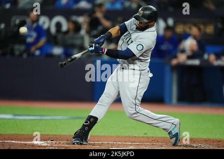 Seattle Mariners' Carlos Santana (41) bats against the Detroit