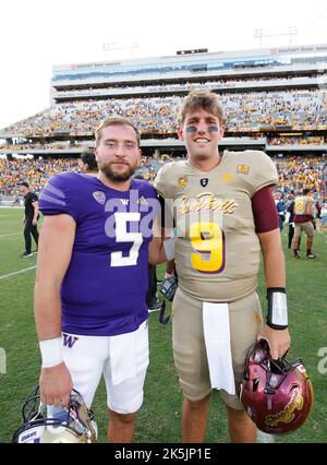 Tempe, Arizona, USA. 8th Oct, 2022. Paul Tyson (9) of the Arizona State Sun Devils and Dylan Morris (5) of the Washington Huskies pose after the NCAA football game between the Washington Huskies and the Arizona Sun Devils at Sun Devil Stadium in Tempe, Arizona. Michael Cazares/Cal Sport Media. Credit: csm/Alamy Live News Stock Photo