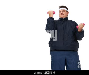 Three hundred and one. A young overweight man lifting weights and isolated on white - copyspace. Stock Photo