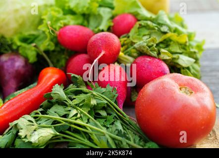 Layout made with of various vegetables on a table in a garden, outdoor. Stock Photo