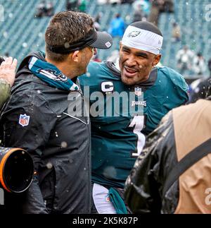 Philadelphia Eagles' Nick Sirianni and Jalen Hurts react during the NFC ...