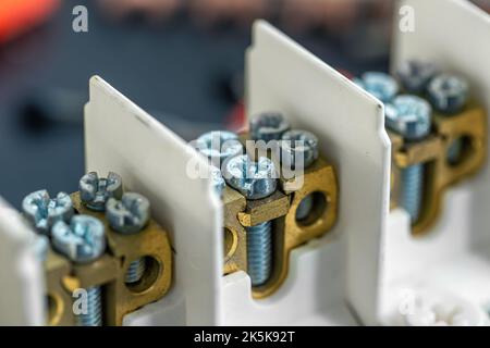 Terminal blocks and distribution blocks, close up. Stock Photo