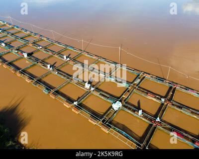 Aerial view of ponds and cages. Tilapia Farming. Tilapia fish. Aquaculture. Stock Photo