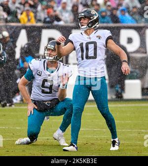 Jacksonville Jaguars place kicker Riley Patterson (10) in action during an  NFL football game against the