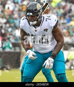 September 9, 2018 - East Rutherford, New Jersey, U.S. - Jacksonville  Jaguars offensive tackle Cam Robinson (74) leads the offensive team off the  field in the second half during a NFL game