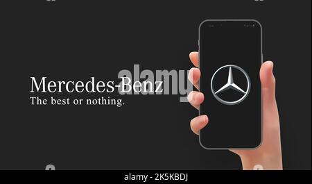 Woman hand holding the smartphone with logo Mercedes car, in vector format Stock Vector