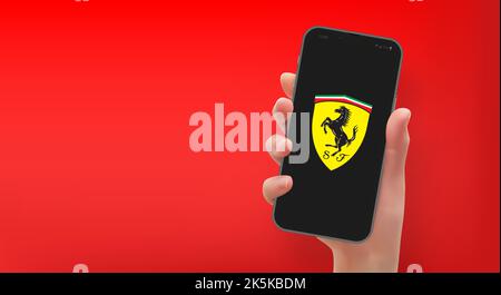 Woman hand holding the smartphone with logo Ferrari, in vector format Stock Vector