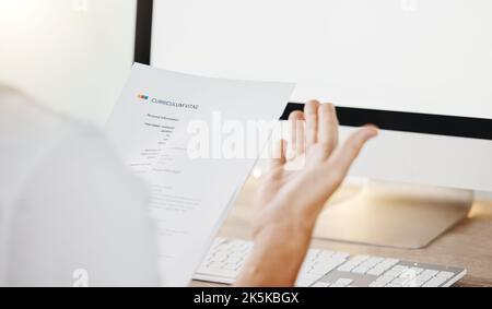 Hr manager, woman and cv resume while reading information and choosing candidate to hire during online job interview. Closeup female hands holding Stock Photo