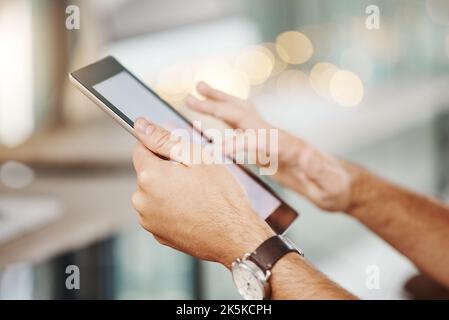 Hands, tablet and social media man search, communication and chat on online web, digital tech internet app. Person connected to 5g internet wifi Stock Photo
