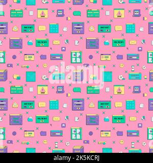 Vaporwave UI and UX elements seamless pattern. PC retro game frame. Nostalgic style 70s, 80s, 90s. Stock Vector