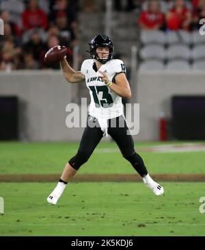 October 8, 2022 - Hawaii Rainbow Warriors quarterback Brayden Schager (13) passes the ball during a game between the San Diego State Aztecs and the Hawaii Rainbow Warriors at the Snapdragon Stadium in San Diego, CA - Michael Sullivan/CSM Stock Photo