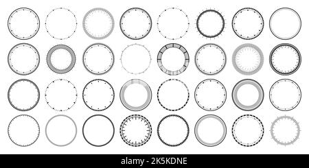 Mechanical clock faces, bezel. Watch dial with minute and hour marks. Timer or stopwatch element. Blank measuring circle scale with divisions. Vector Stock Vector