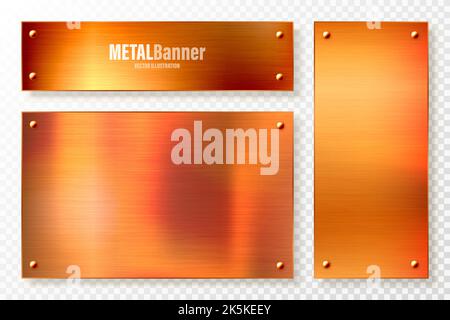 Realistic copper banners collection. Brushed stainless steel plate with rivets. Polished metal surface. Scratched industrial texture, metal background Stock Vector