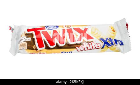 Ukraine, Kyiv - October 03, 2021: Twix cookie bars isolated on white background. Twix bars are produced by Mars Incorporated. Twix name has been used Stock Photo