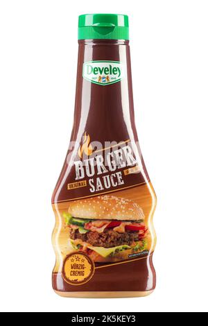 Ukraine, Kiev October 5, 2022: Develey Burger Sauce - Steak Sauce 250 ml,  isolated on white background. File contains clipping path. Stock Photo