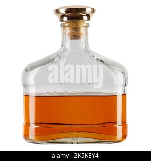 Half bottle of strong alcohol, whiskey or cognac isolated on white background. File contains clipping path. Stock Photo