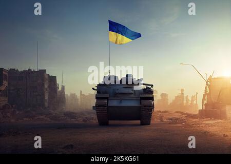 War tank of the Ukraine army at dawn on a the battlefield of a wasteland with Ukraine flag in a town ruins. Concept of Ukrainian war and glory to Stock Photo