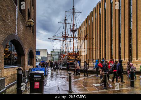 LONDON, GREAT BRITAIN - MAY 13, 2014: This is an exact copy of the Golden Hind galleon, which is located in the eternal parking lot in Southwark. Stock Photo