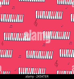 Chaotic Pianoforte musical grand piano octaves, sketch drawing. Vector seamless doodle square pattern with hand drawn piano, harpsichord keys. Musical Stock Vector