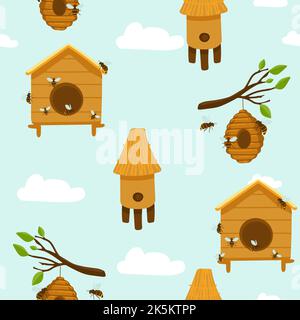 Seamless Pattern with bee, hive, honeycomb bee house. Vector vintage color engraved illustration. Registration of cards, menus, banners, printing on f Stock Vector