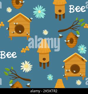 Seamless Pattern with bee, hive, honeycomb bee house. Vector vintage color engraved illustration. Registration of cards, menus, banners, printing on f Stock Vector